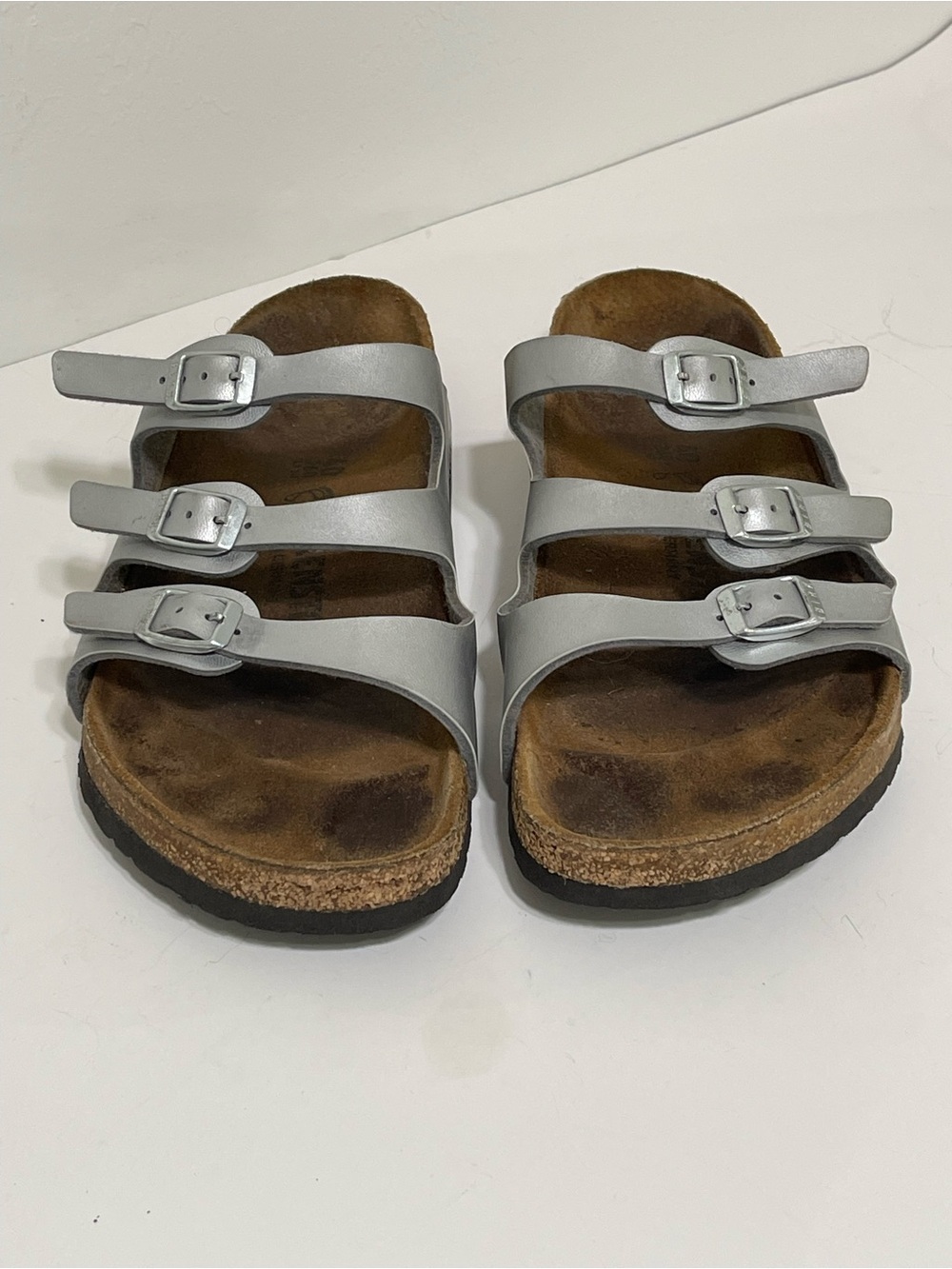 Birkenstock Florida Strappy Slide On Sandals Silver Metallic Suede Footbed Sz 40 - Picture 7 of 15